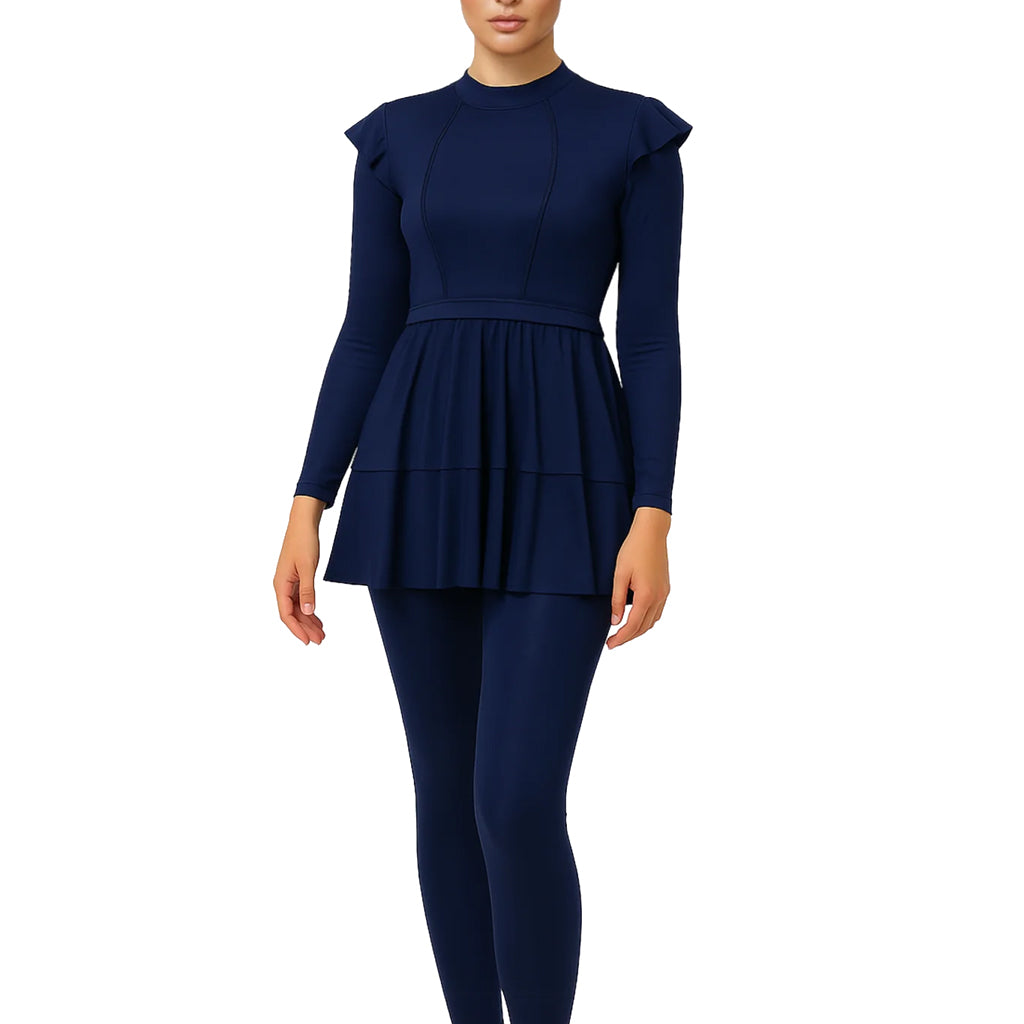 Rania Modest Burkini 3-Piece Full Coverage Swim Set – Navy Tiered Ruffle