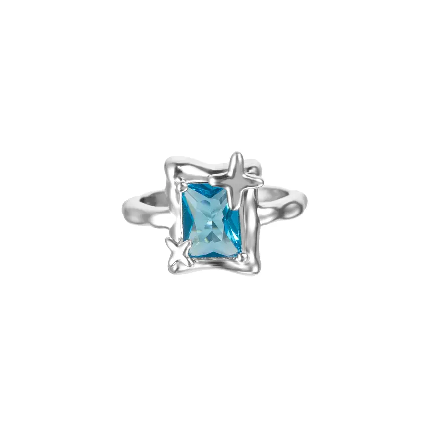 Blue Crystal Silver Ring Square Cut Design