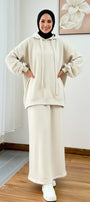 Warm Fleece Hoodie & Long Dress Set – Cream