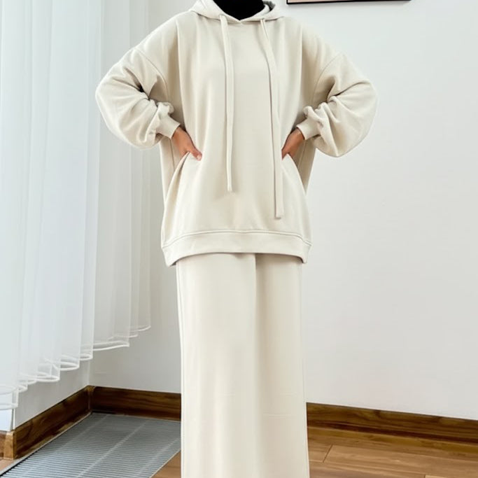 Warm Fleece Hoodie & Long Dress Set – Cream
