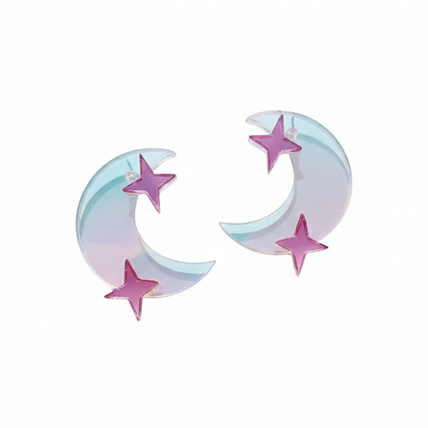 Moon Star Enamel Stud Earrings Pastel Design