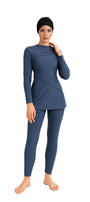 Lina Modest Burkini 3-Piece Elegant Ruched Design Swim Set – Slate Blue Drape