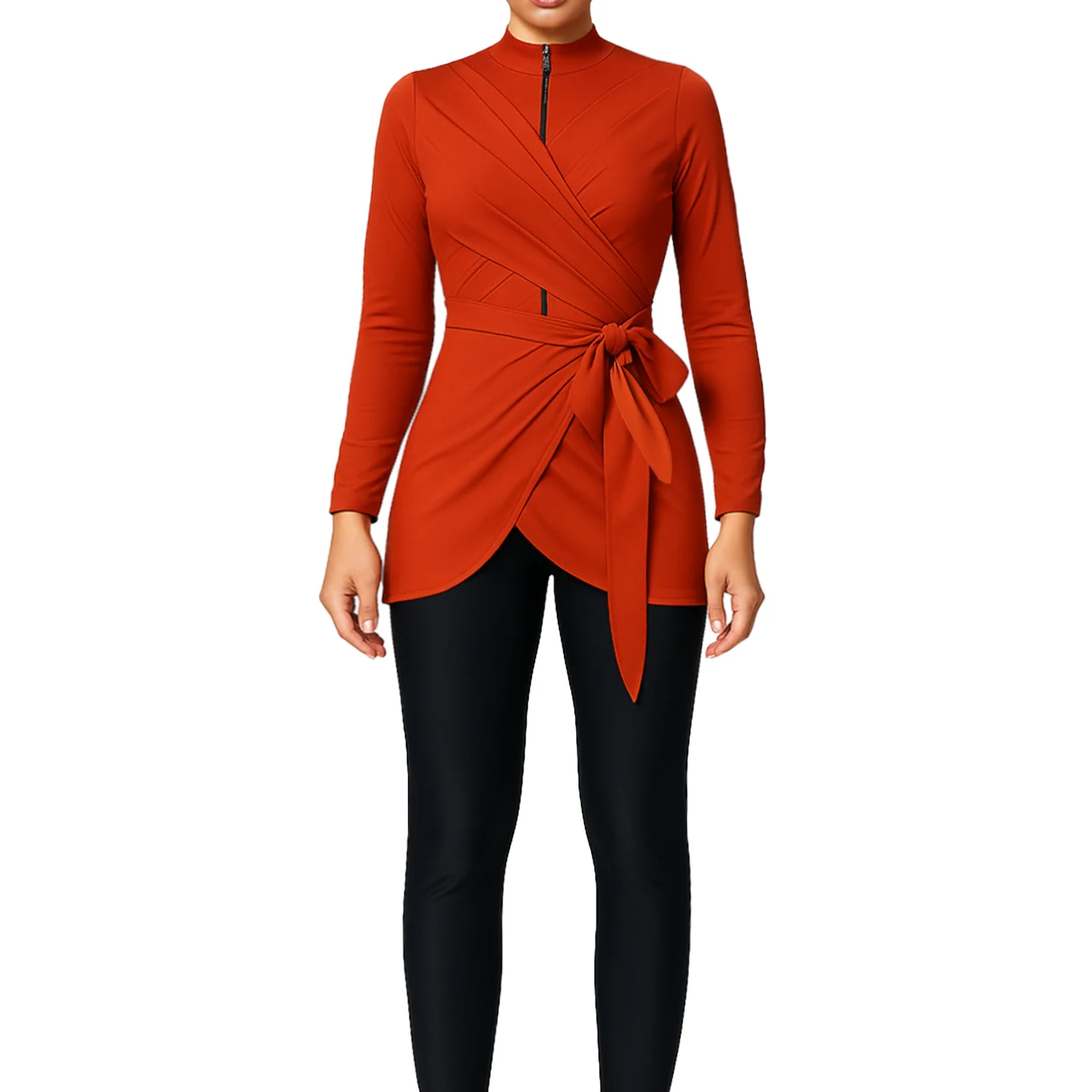 Samira Modest Burkini 3-Piece Full Coverage Swim Set - Rust Orange & Black