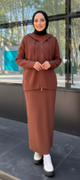 Cozy Rib-Knit Hoodie & Long Dress Set — Rust Brown