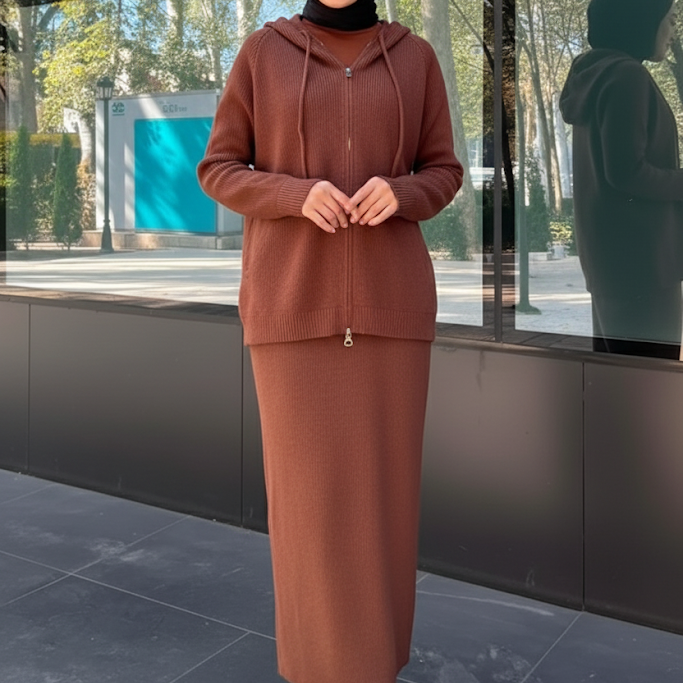 Cozy Rib-Knit Hoodie & Long Dress Set — Rust Brown