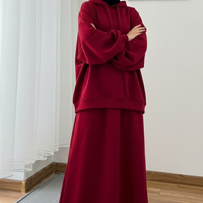 Warm Fleece Hoodie & Long Dress Set – Burgundy