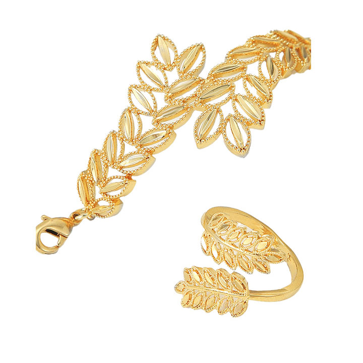 Golden Leaf Motif Bracelet & Ring Set