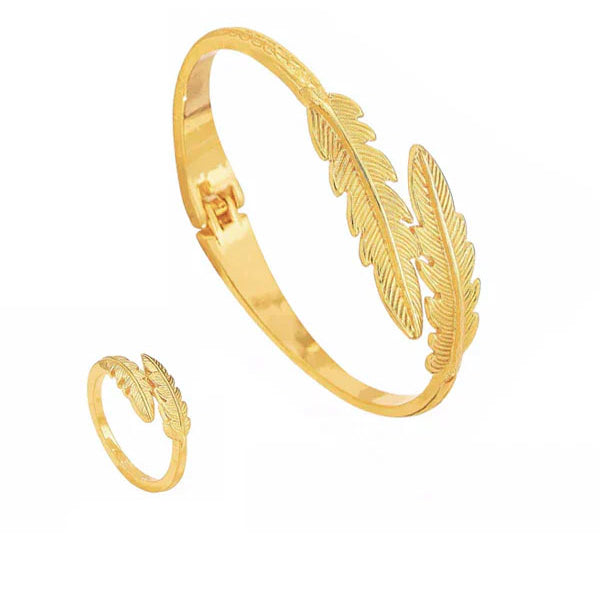 Golden Feather Open Cuff Bracelet & Ring Set