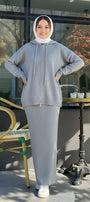 Cozy Rib-Knit Hoodie & Long Dress Set – Grey