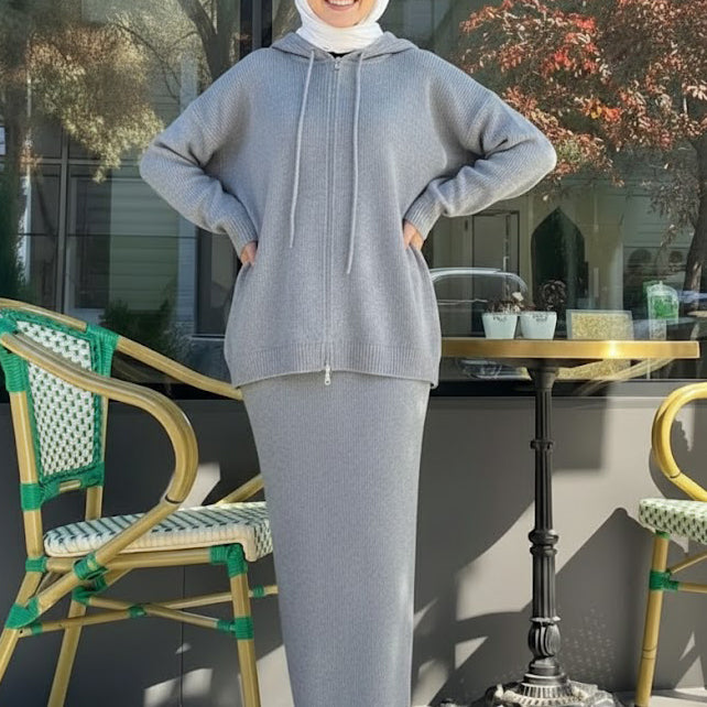 Cozy Rib-Knit Hoodie & Long Dress Set – Grey