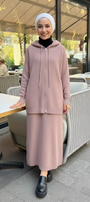 Cozy Rib-Knit Hoodie & Long Dress Set – Dusty Rose