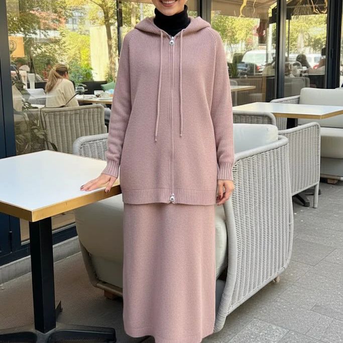 Cozy Rib-Knit Hoodie & Long Dress Set – Dusty Rose