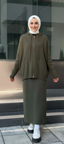 Cozy Rib-Knit Hoodie & Long Dress Set – Olive