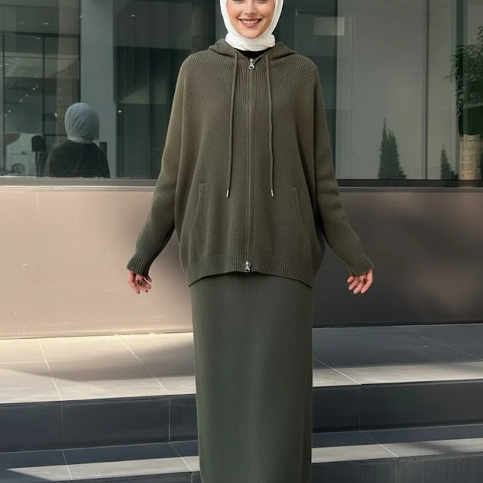 Cozy Rib-Knit Hoodie & Long Dress Set – Olive
