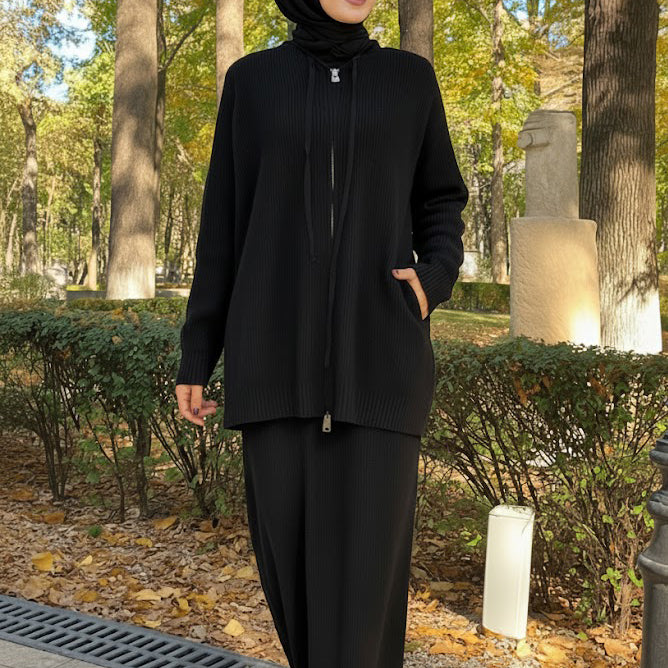 Cozy Rib-Knit Hoodie & Long Dress Set — Black
