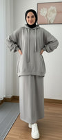 Warm Fleece Hoodie & Long Dress Set – Grey