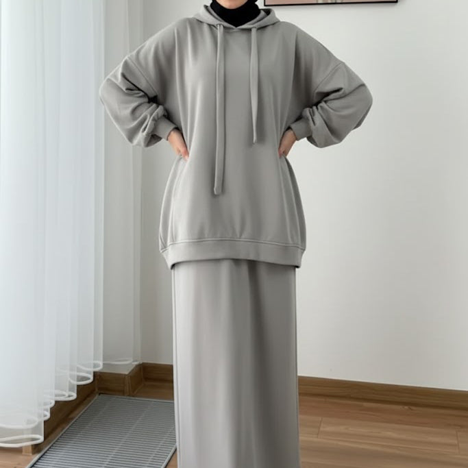 Warm Fleece Hoodie & Long Dress Set – Grey