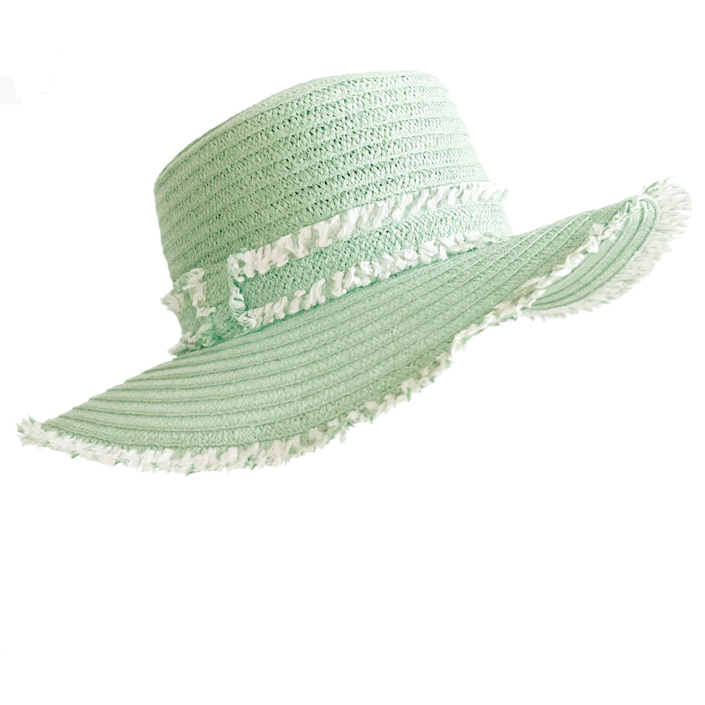 Natural Raffia Fringe Wide Brim Straw Beach Hat – Mint Green