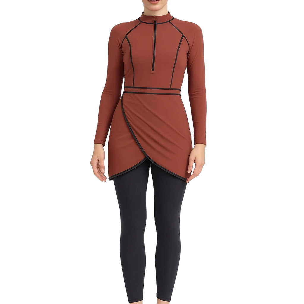 Zehra Modest Burkini 3-Piece Full Coverage Swim Set - Copper Brown