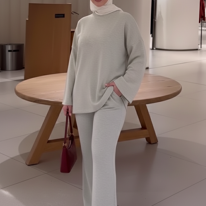 Soft Jersey Lounge Top & Pants Set – Light Grey