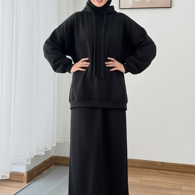 Warm Fleece Hoodie & Long Dress Set – Black