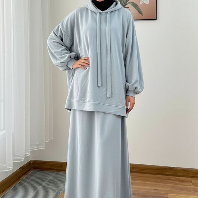 Warm Fleece Hoodie & Long Dress Set – Mist Blue
