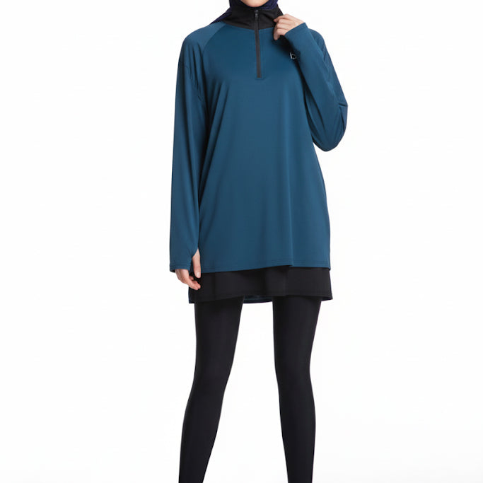 Quick-Dry 4-Way-Stretch Half-Zip Longline Top – Teal