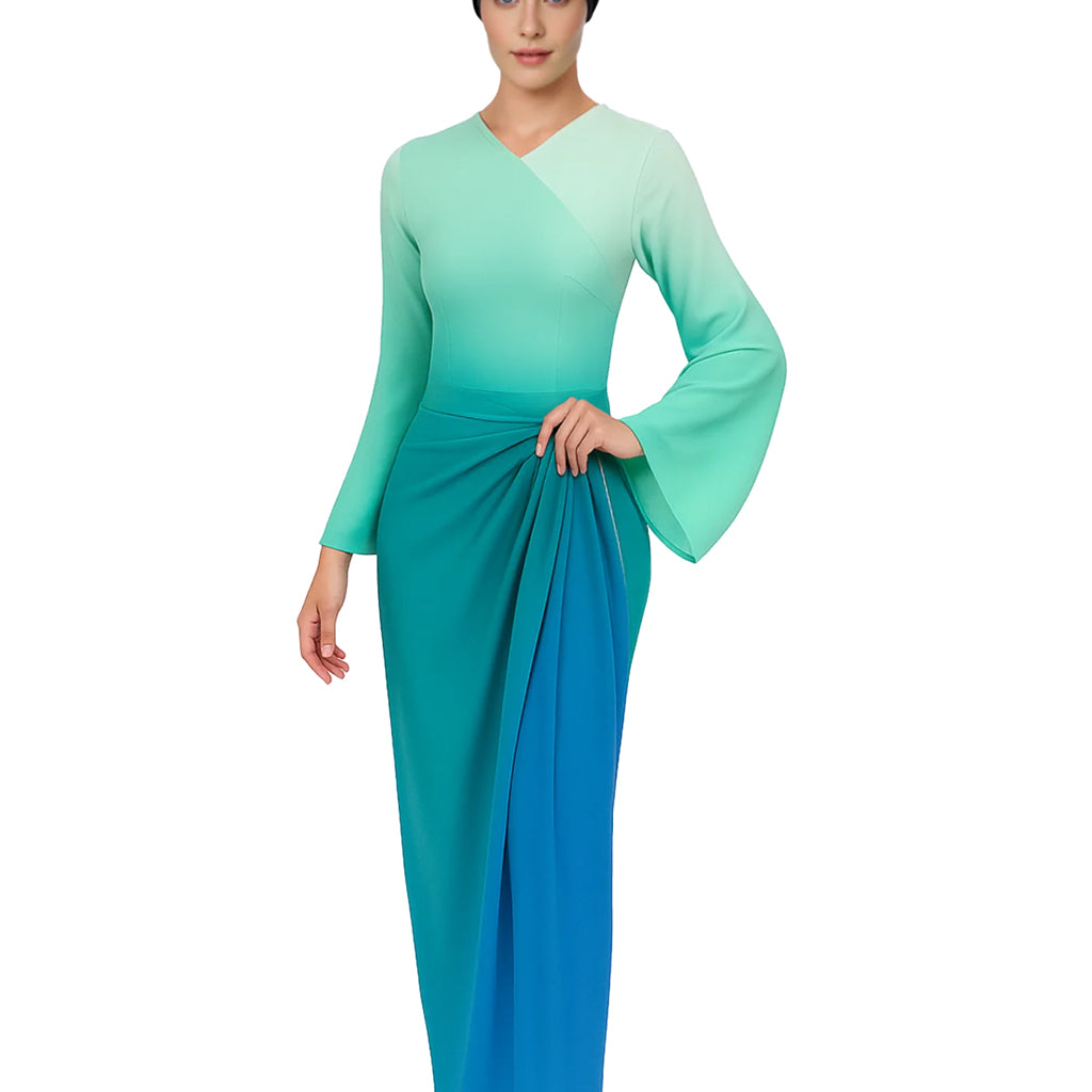 Selina Modest Burkini 3-Piece Full Coverage Swim Set - Mint to Ocean Blue Gradient