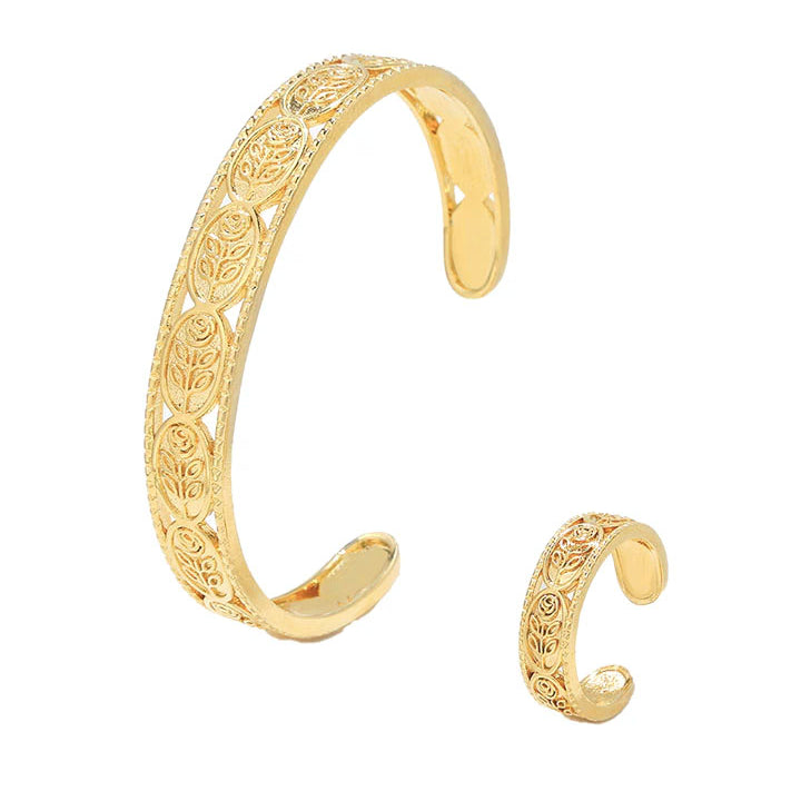 Golden Oval Vine Open Cuff Bracelet & Ring Set