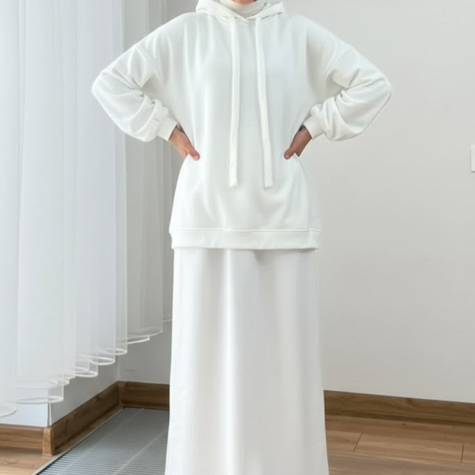Warm Fleece Hoodie & Long Dress Set – White