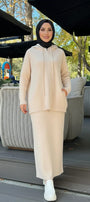Cozy Rib-Knit Hoodie & Long Dress Set – Cream