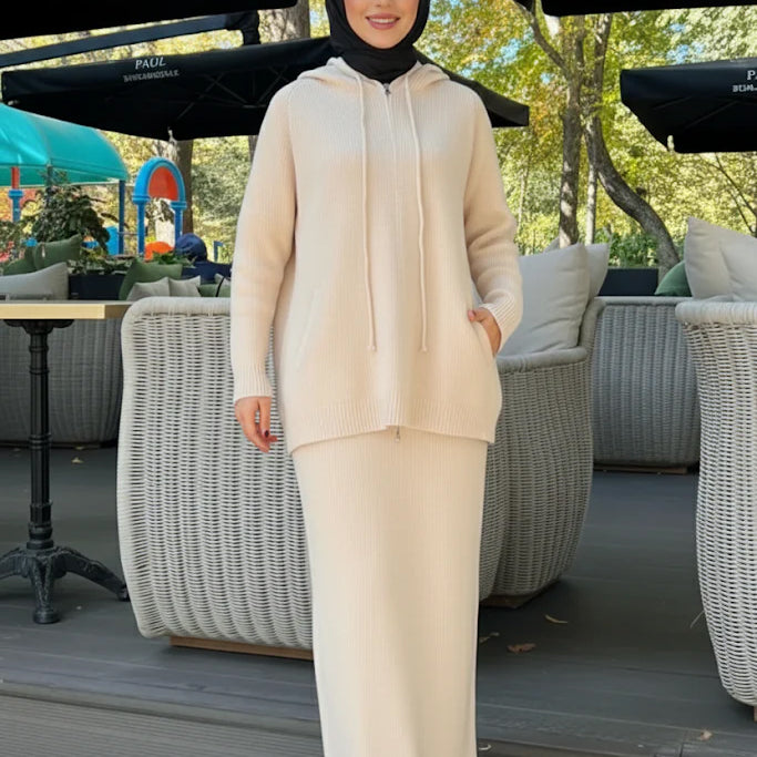 Cozy Rib-Knit Hoodie & Long Dress Set – Cream