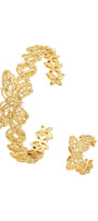 Golden Filigree Butterfly Open Cuff Bracelet & Ring Set