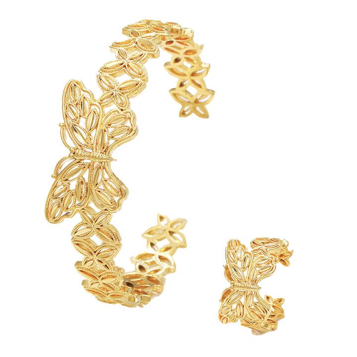 Golden Filigree Butterfly Open Cuff Bracelet & Ring Set