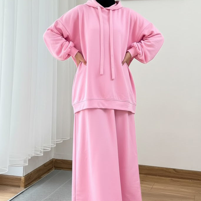 Warm Fleece Hoodie & Long Dress Set – Pink