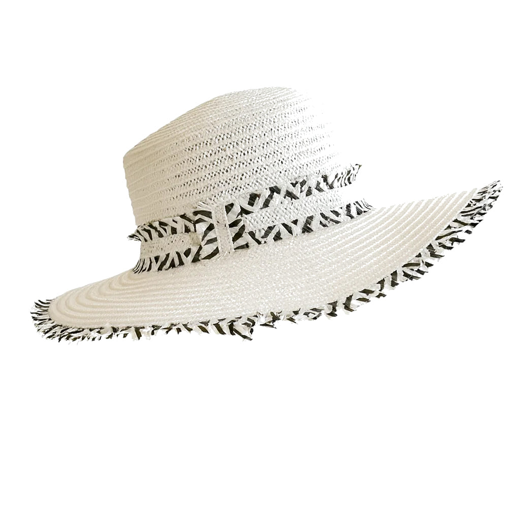 Natural Raffia Fringe Wide Brim Straw Beach Hat – White & Black
