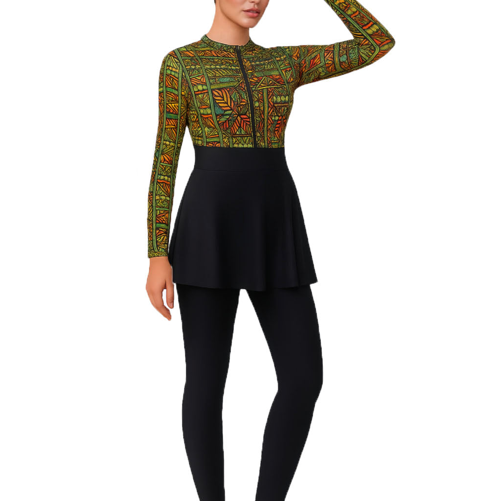 Layla Modest Burkini 3-Piece Full Coverage Swim Set - Tropical Mosaic Top