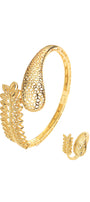 Golden Honeycomb-Leaf Open Cuff Bracelet & Ring Set