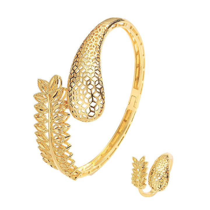 Golden Honeycomb-Leaf Open Cuff Bracelet & Ring Set