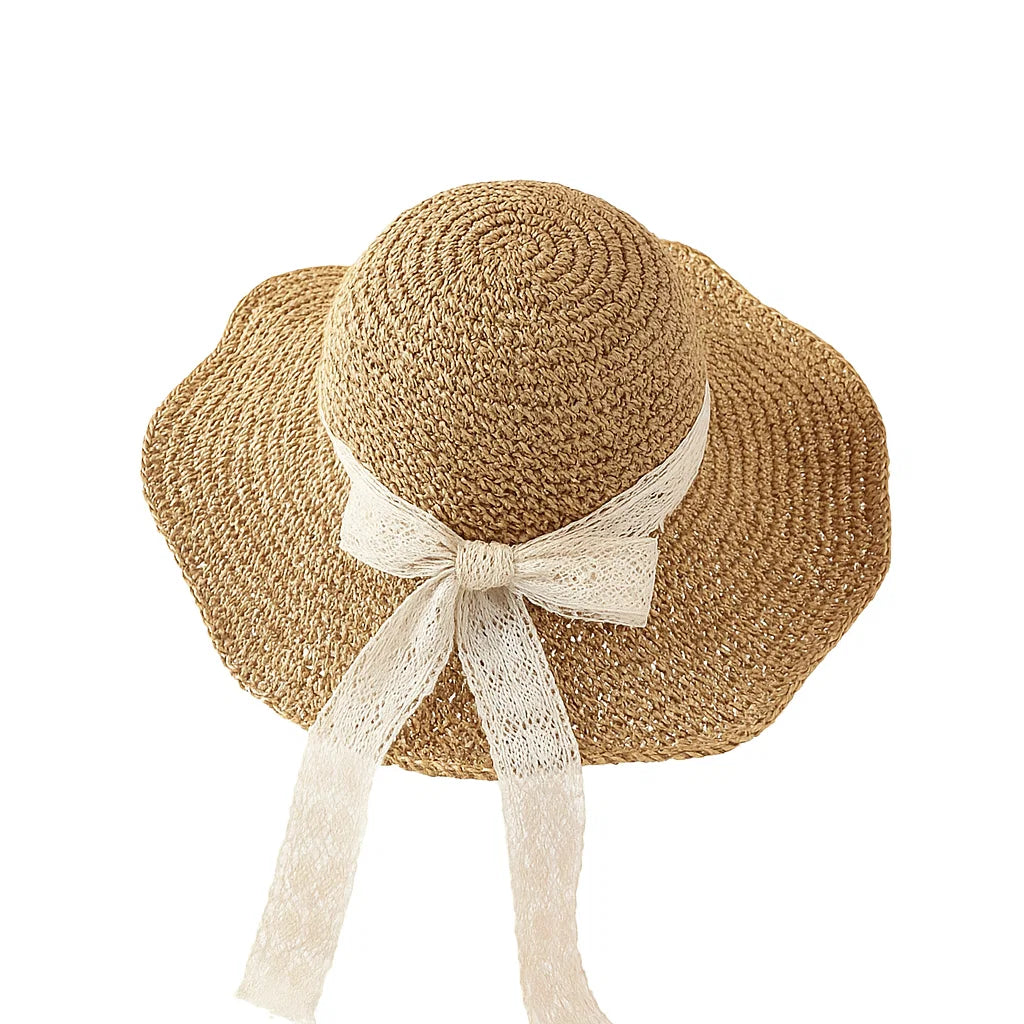 Lace Bow Wavy Wide-Brim Straw Beach Hat
