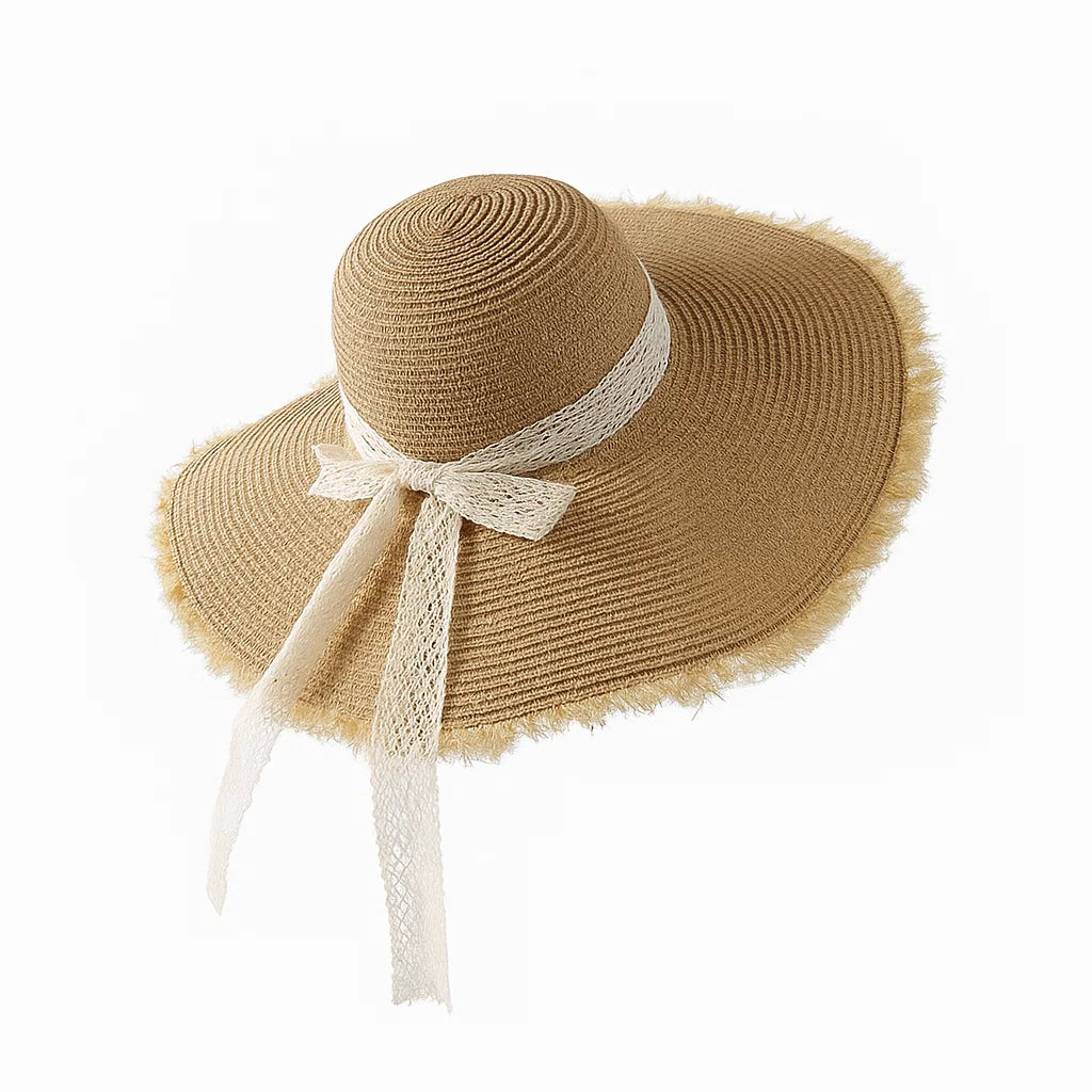 Lace Bow Wide Brim Straw Beach Hat