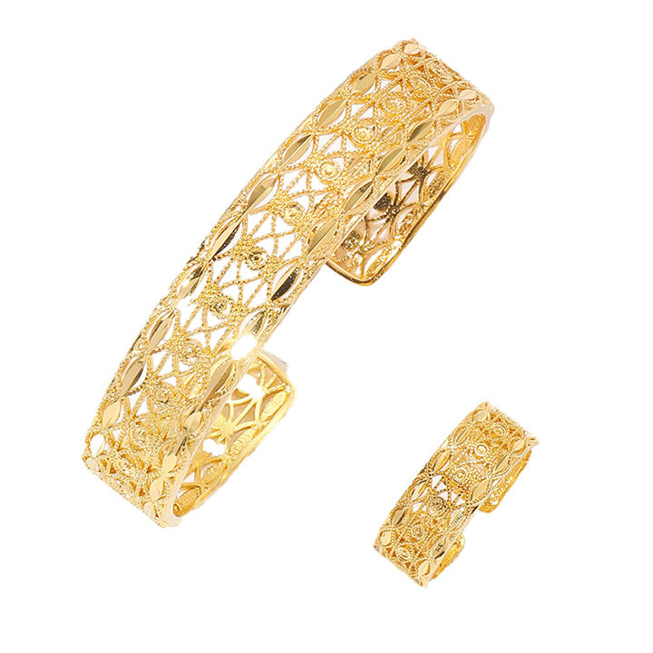 Golden Geometric Lattice Open Cuff Bracelet & Ring Set