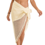 Beige Tassel Hem Mesh Beach Sarong Wrap- Swim Cover Up