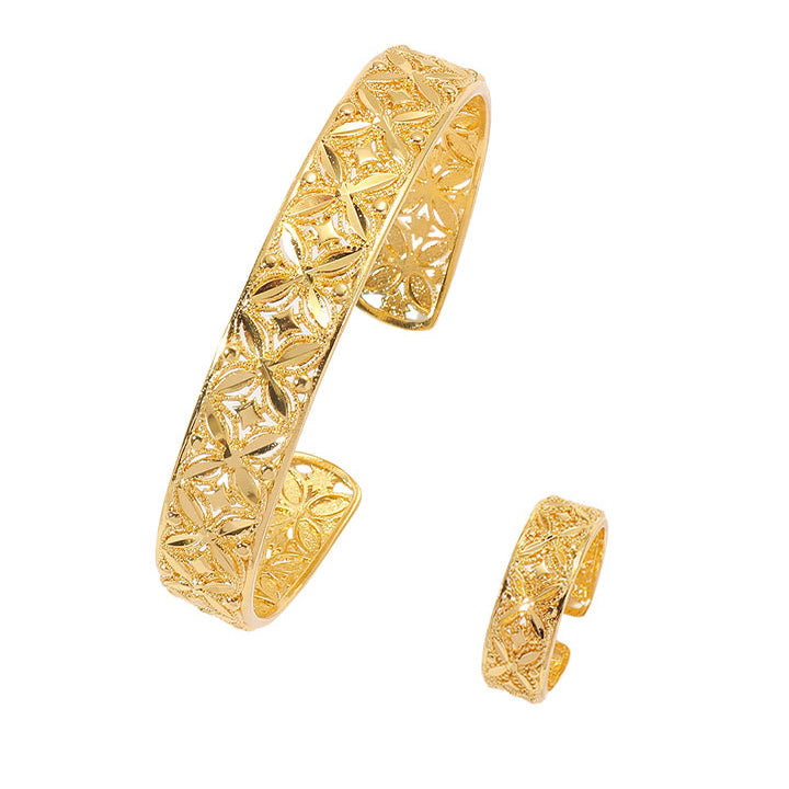 Golden Filigree Floral Cutout Bracelet & Ring Set