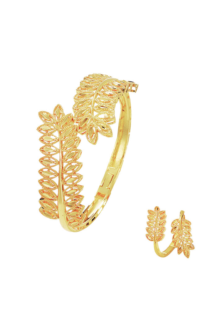 Golden Twin-Leaf Open Cuff Bracelet & Ring Set – Hawariya | Modest