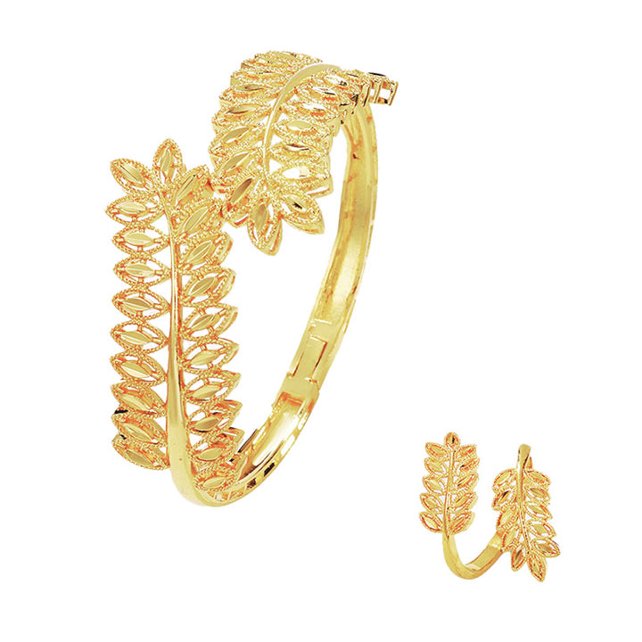 Golden Twin-Leaf Open Cuff Bracelet & Ring Set