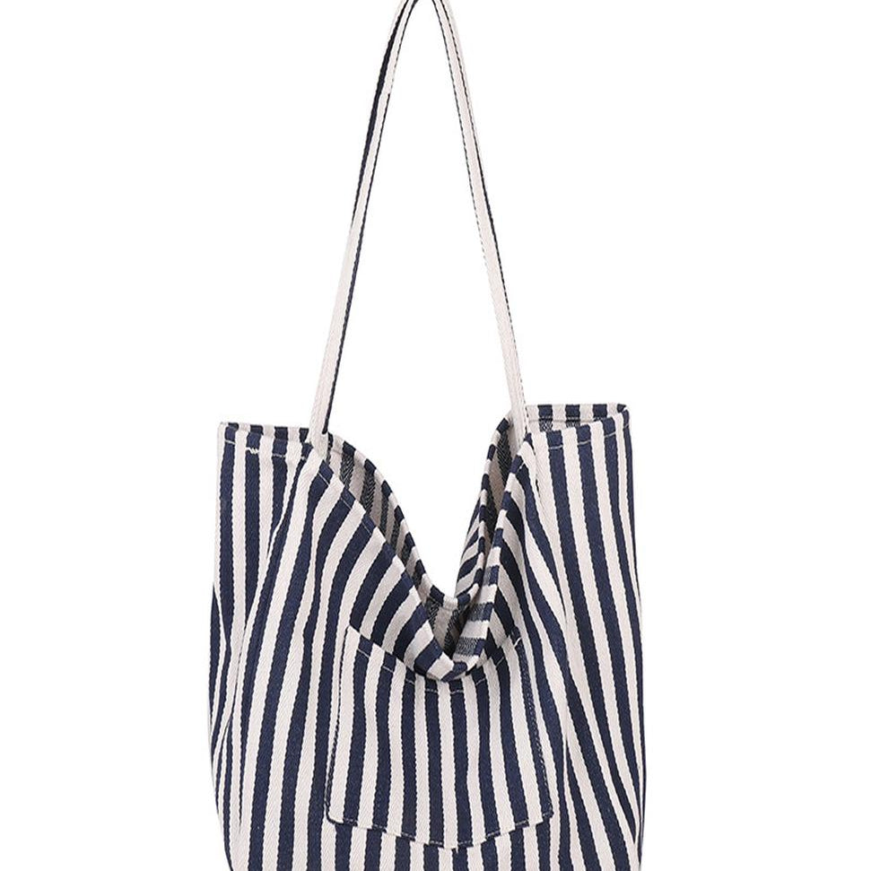 Striped Canvas Tote Bag – Navy & White Narrow Stripes