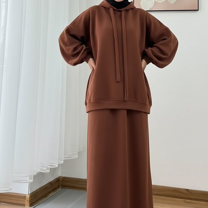 Warm Fleece Hoodie & Long Dress Set – Coffee