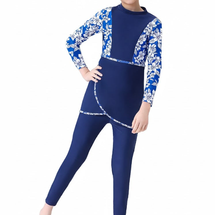 Nura 3-Piece Kids' Modest Swimsuit-Ocean Blue