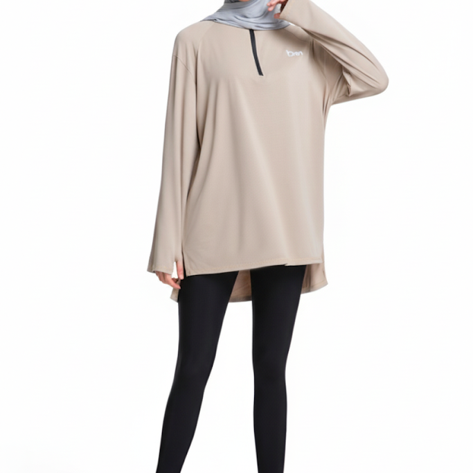 Quick-Dry 4-Way-Stretch Half-Zip Longline Top – Sand